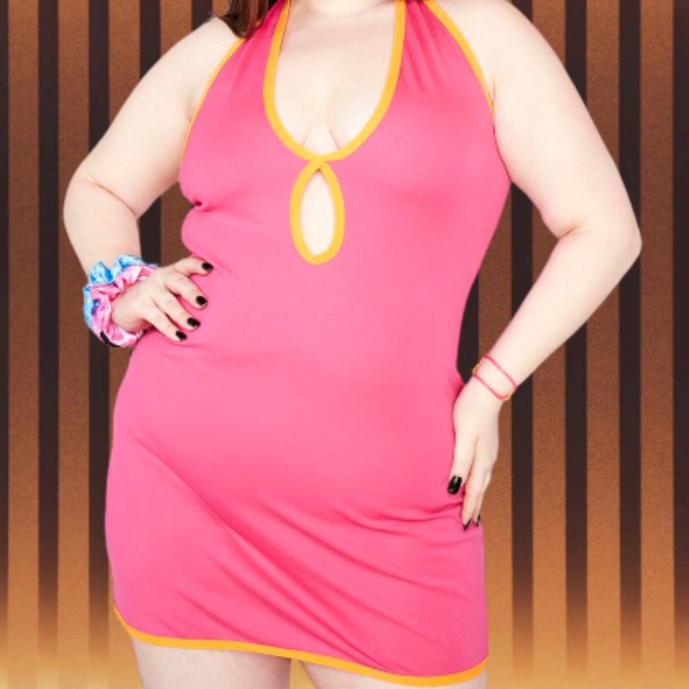 Orange & Pink Colorblock Halter Mini Dress